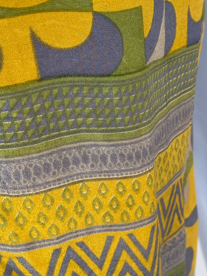 Yellow green and blue graphic print on vintage silk