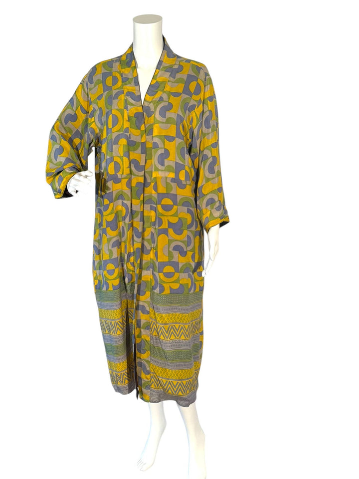 Inside front view of reversible vintage silk kimono inyellow graphic print 