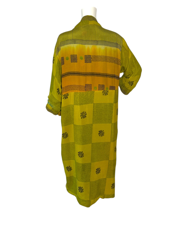 Inside back view of reversible kimono in yellow green graphic print on vintage silk