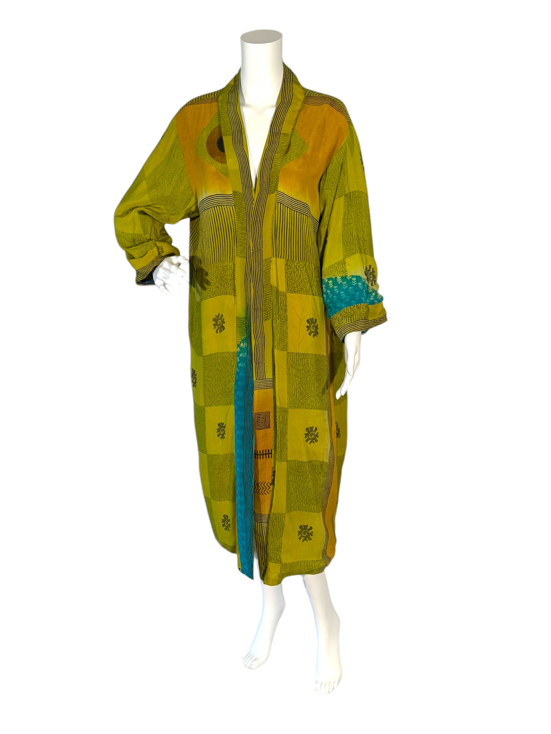 Inside front view of reversible kimono in yellow green graphic print on vintage silk