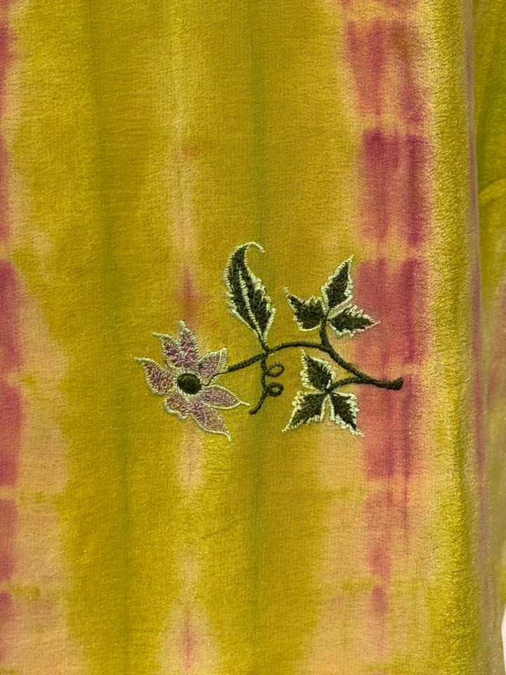 Interior fabric green dip dye with small embroidered flowers in vintage silk