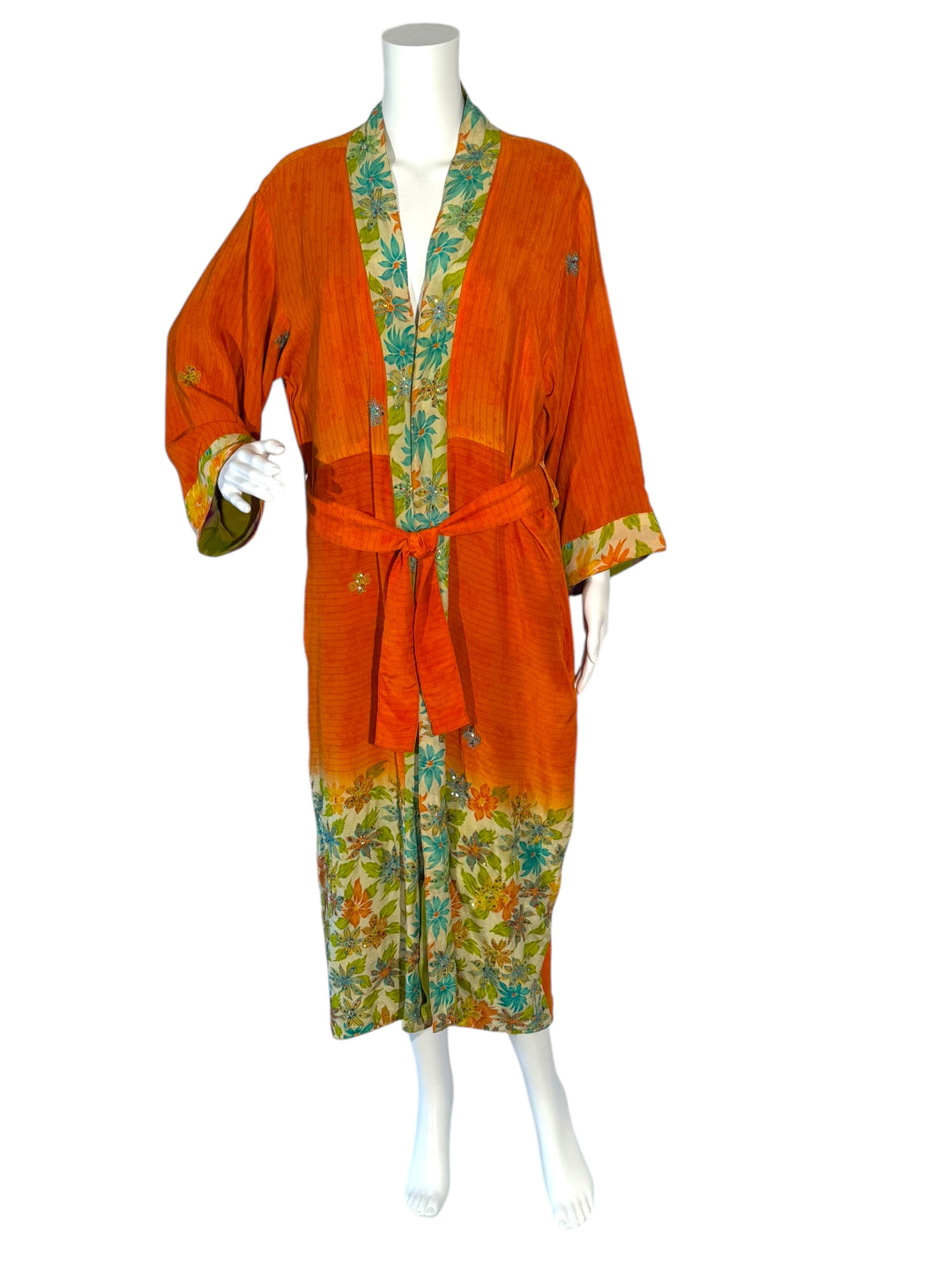 Outside  front view vintage silk of reversible kimono in bright orange with delicate embroidered flowers