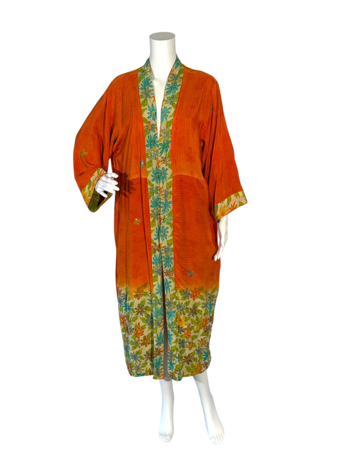 Front outside view of reversible kimono in orange and cream floral vintage silk without tie belt