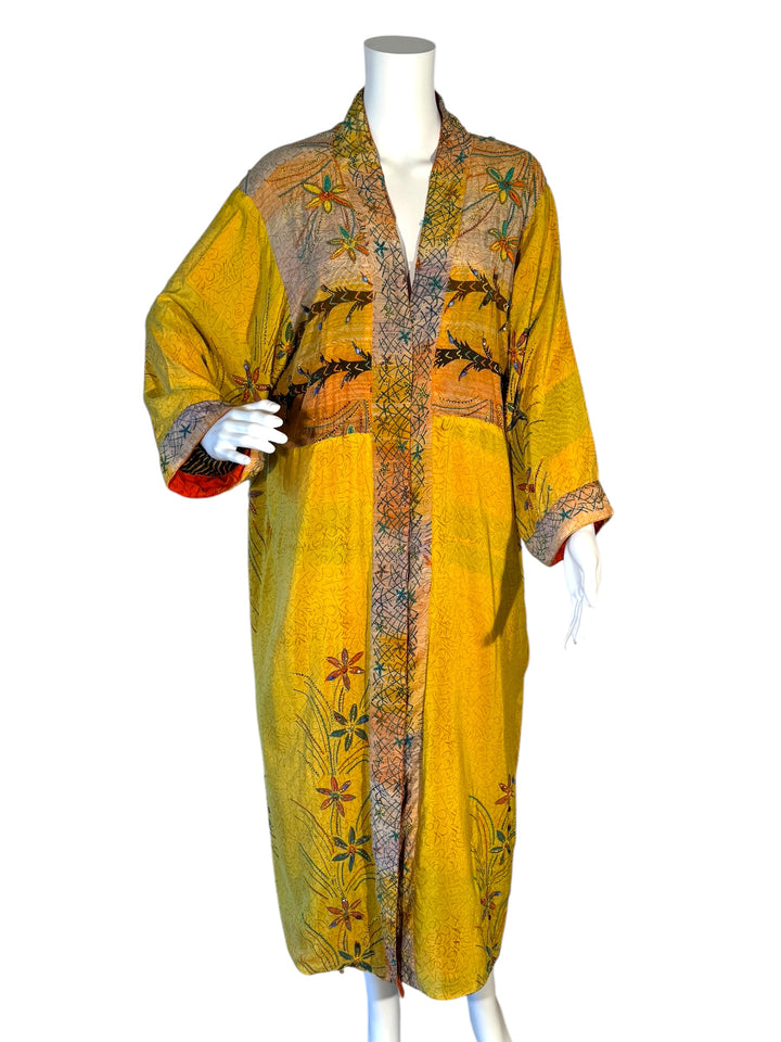 Front view of reversible kimono in vintage yellow silk with intricate floral embroidery