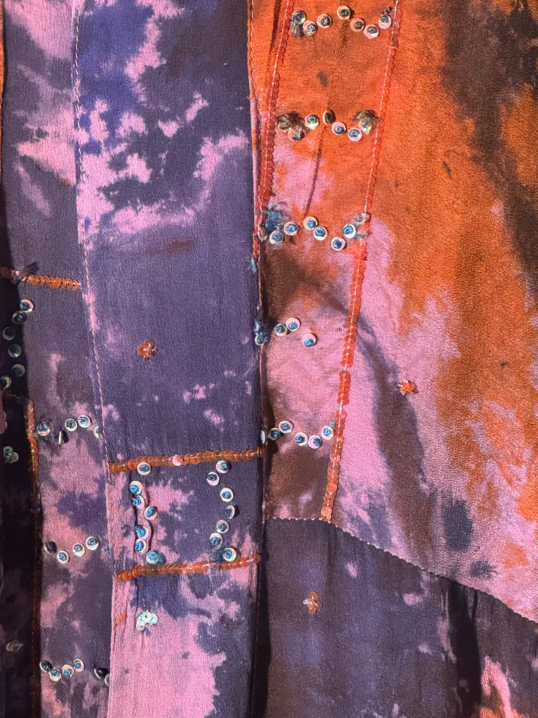 Orange and purple dip dye vintage silk with sequin closeup