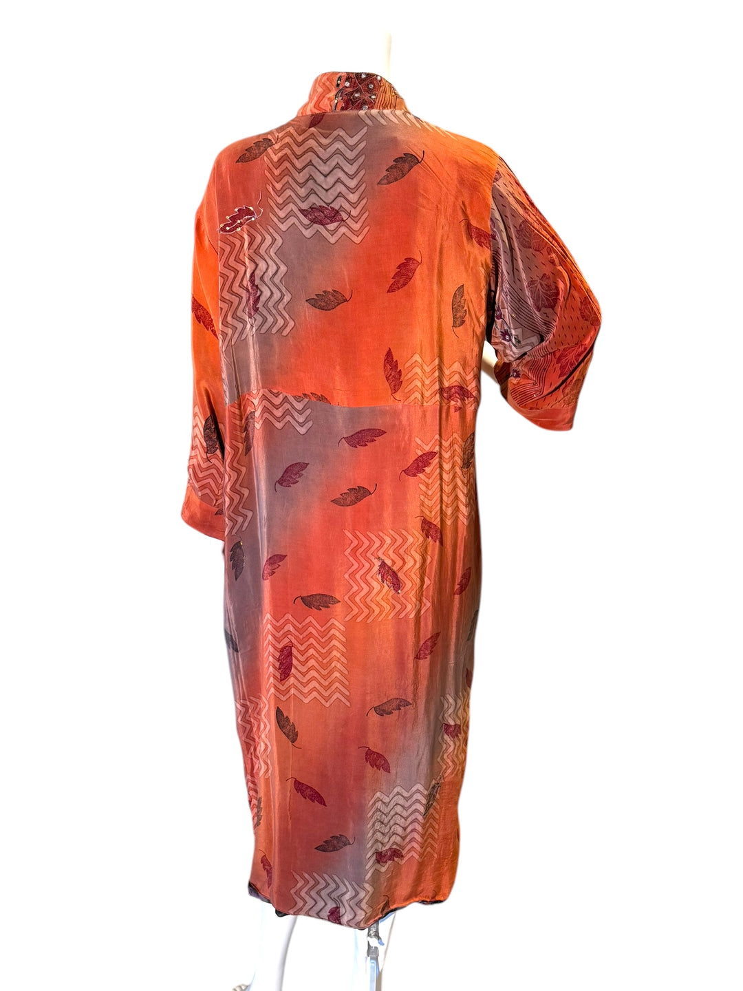 Back view of reversible duster kimono in orange vintage silk by Silk Ranch