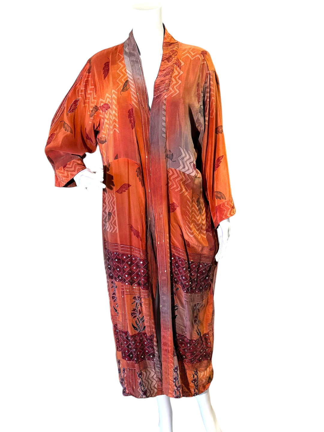 Front view orange vintage silk reversible kimono by Silk Ranch