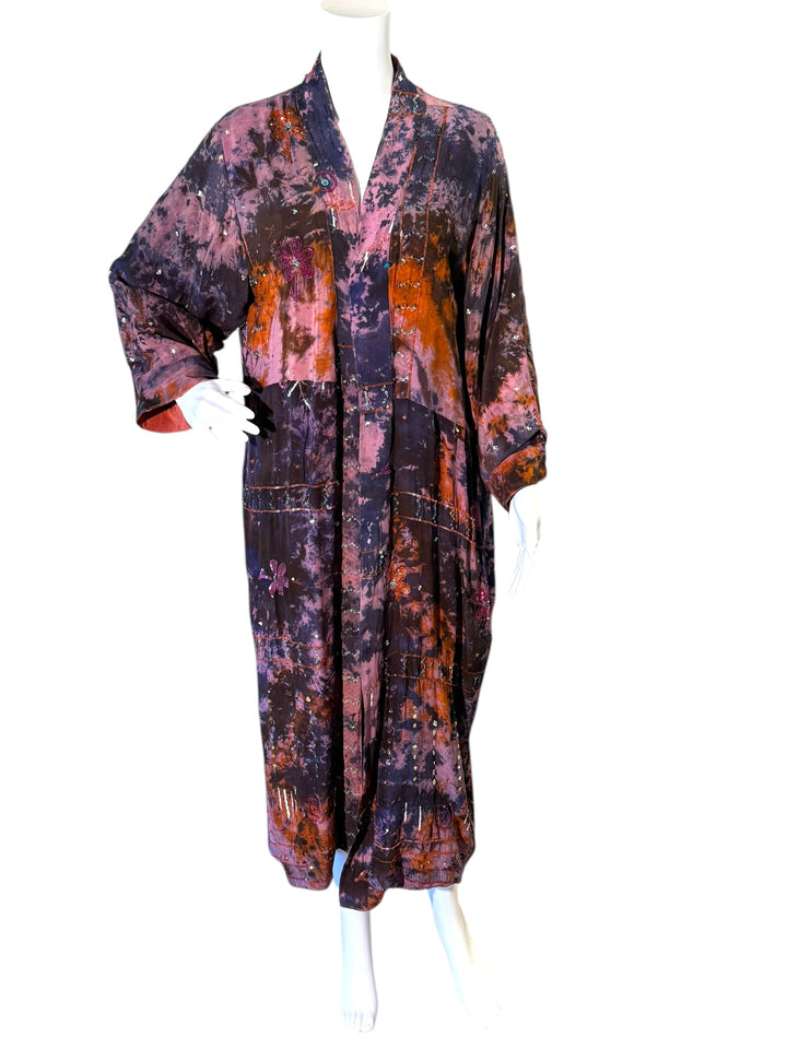 Front view of purple orange dip dye vintage silk kimono