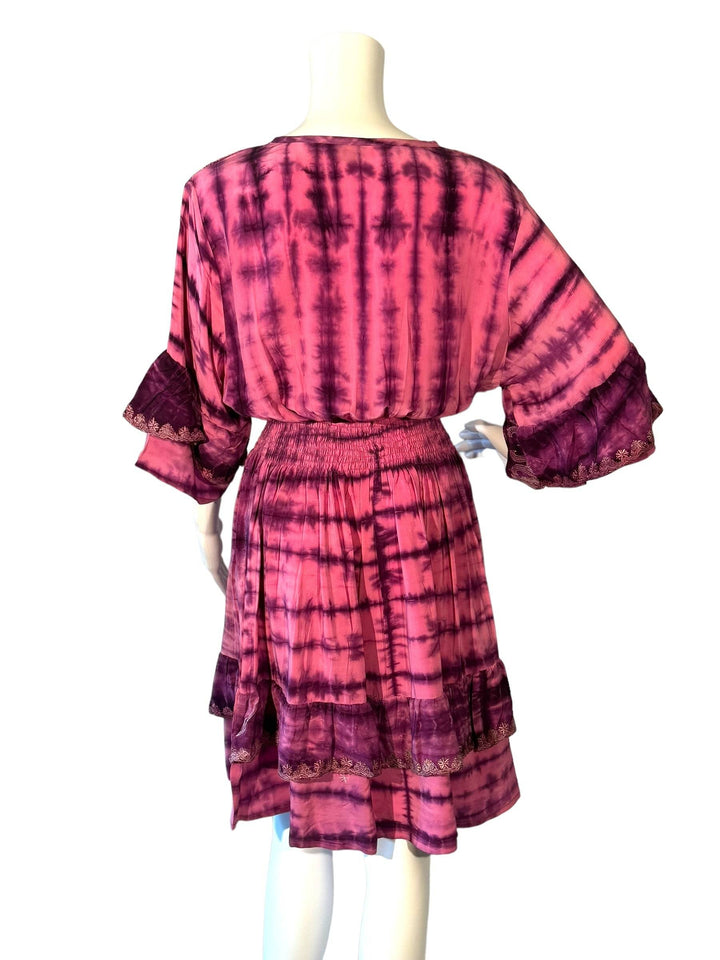 Back view of Silk Ranch dip dyed Sofia Dress in pink vintage silk