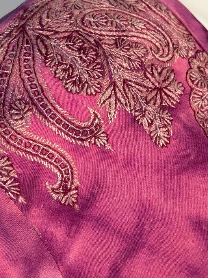 Detail view of embroidery on Silk Ranch Sofia dress in pink vintage silk