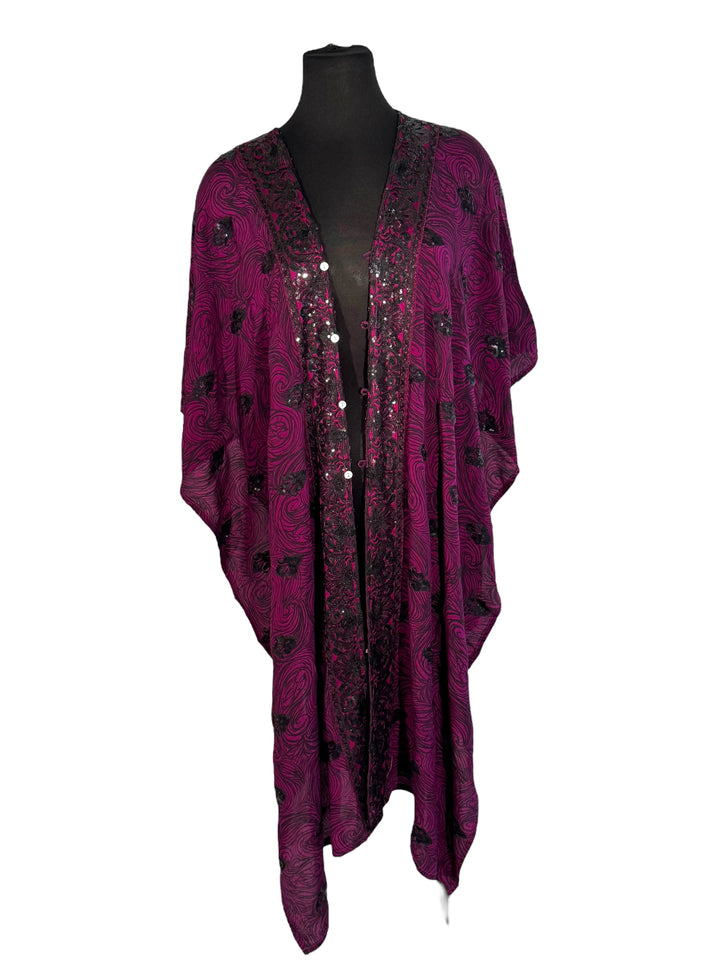 Front view of vintage silk Willow Wrap in Purple with black sequins