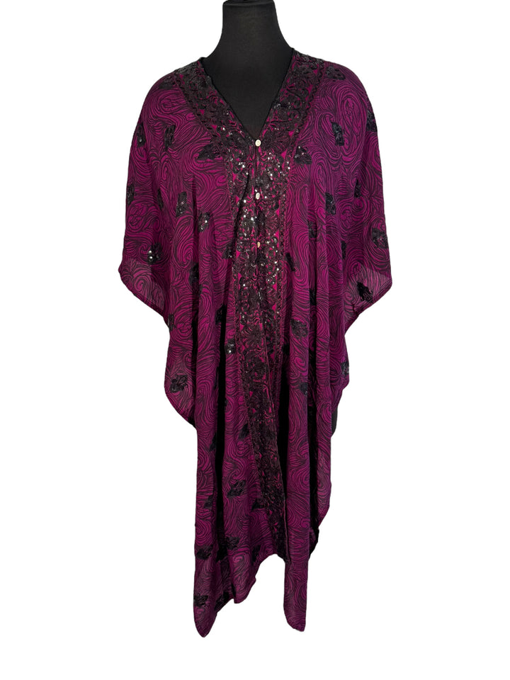 Front view of vintage silk Willow Wrap in Purple with black sequins