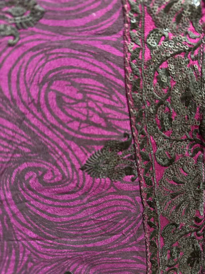 Close  view of vintage silk Willow Wrap in Purple with black sequins