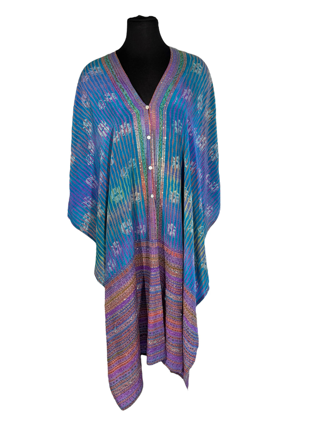 Front view of vintage silk Willow Wrap in blue with multicolor stripes & sequins