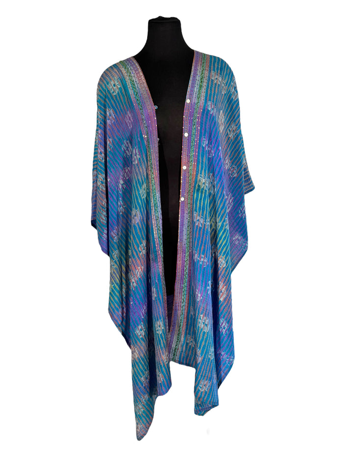 Front view of vintage silk Willow Wrap in blue with multicolor stripes & sequins