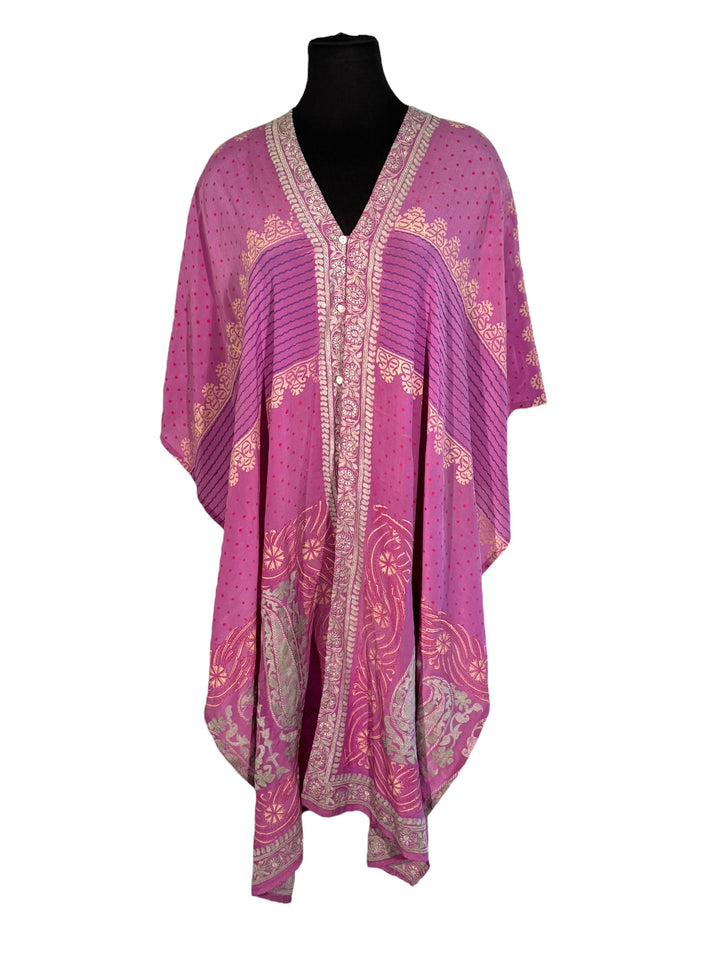 Front view of vintage silk Willow Wrap in lavender with cream embroidery