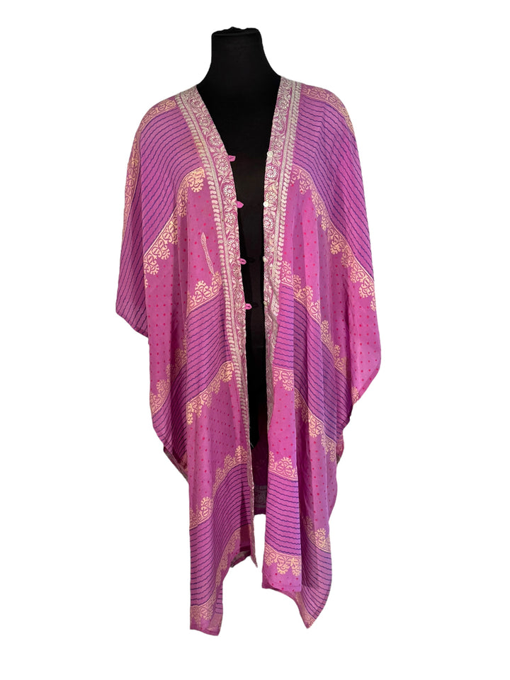 Front view of vintage silk Willow Wrap in lavender with cream embroidery