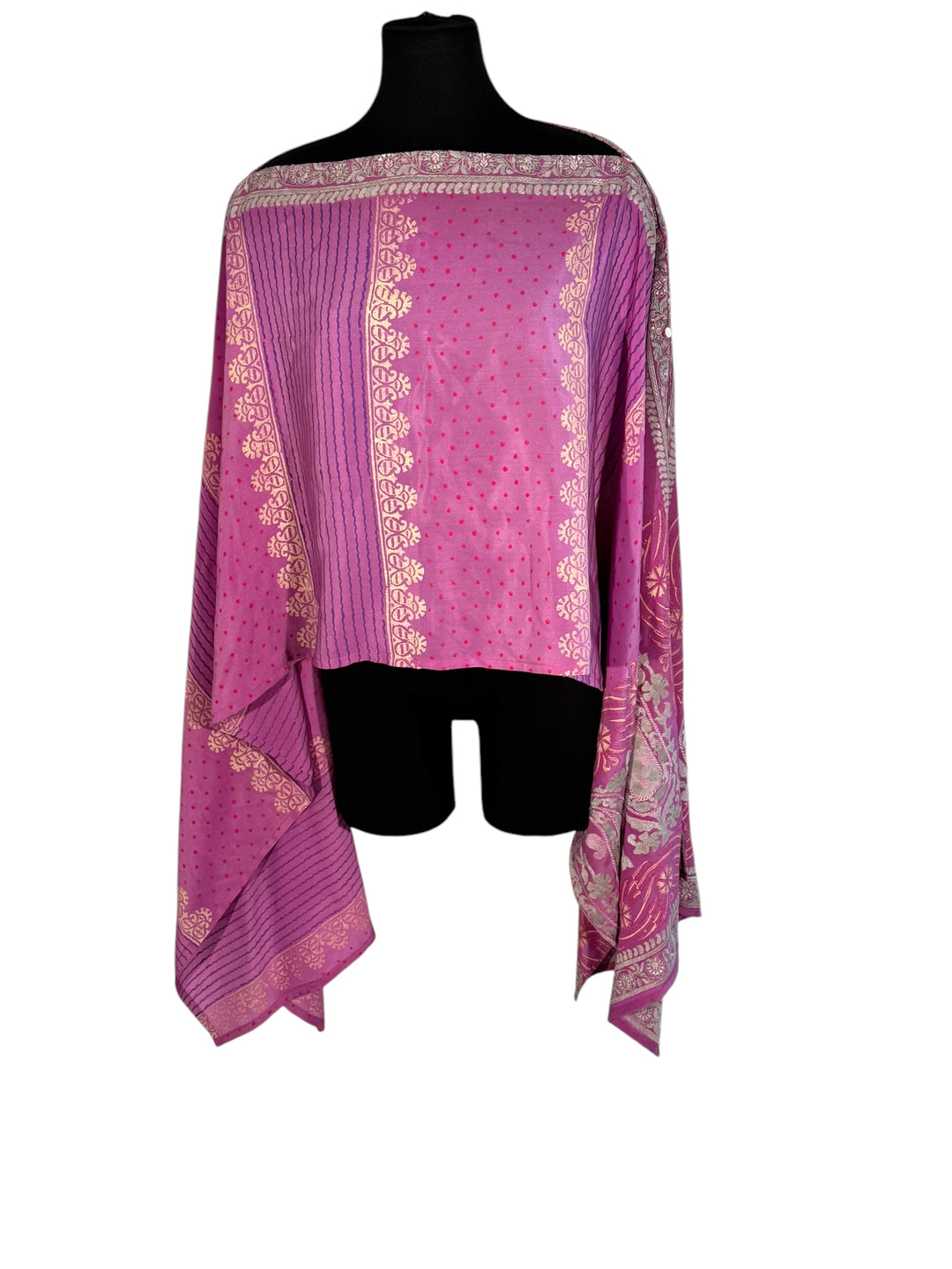 Sideways view of vintage silk Willow Wrap in lavender with cream embroidery