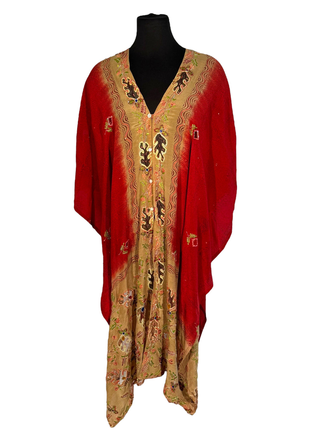 Front view of vintage silk Willow Wrap in red and tan with cut out and extravagant embroidery