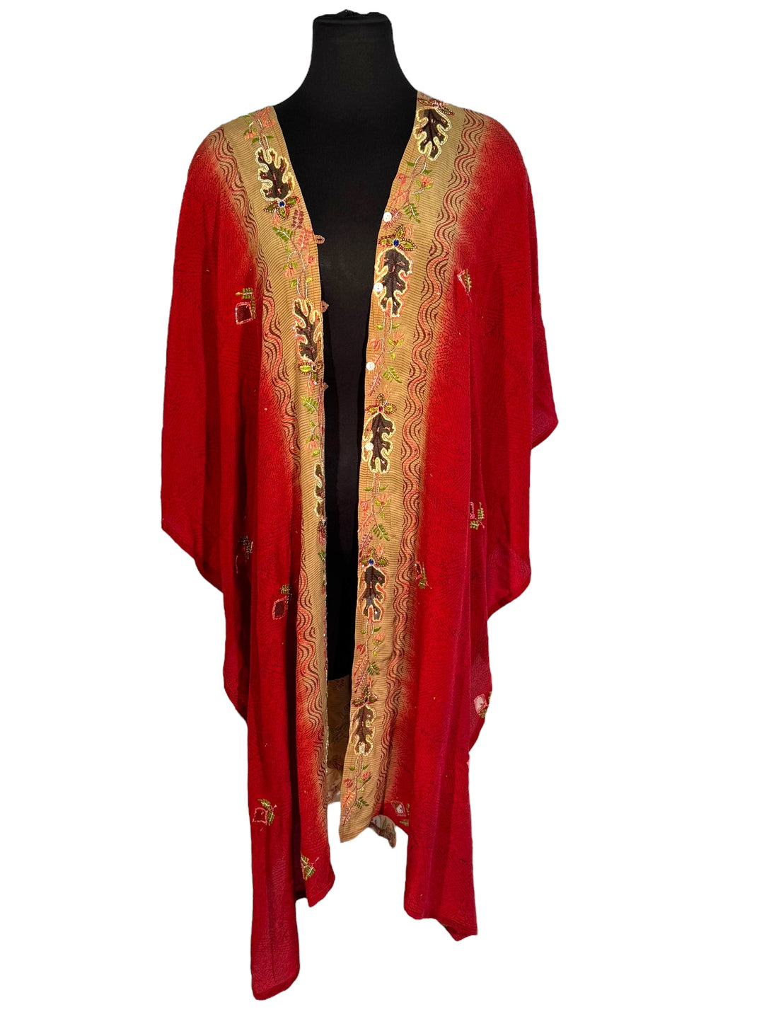 Front view of vintage silk Willow Wrap in red and tan with cut out and extravagant embroidery