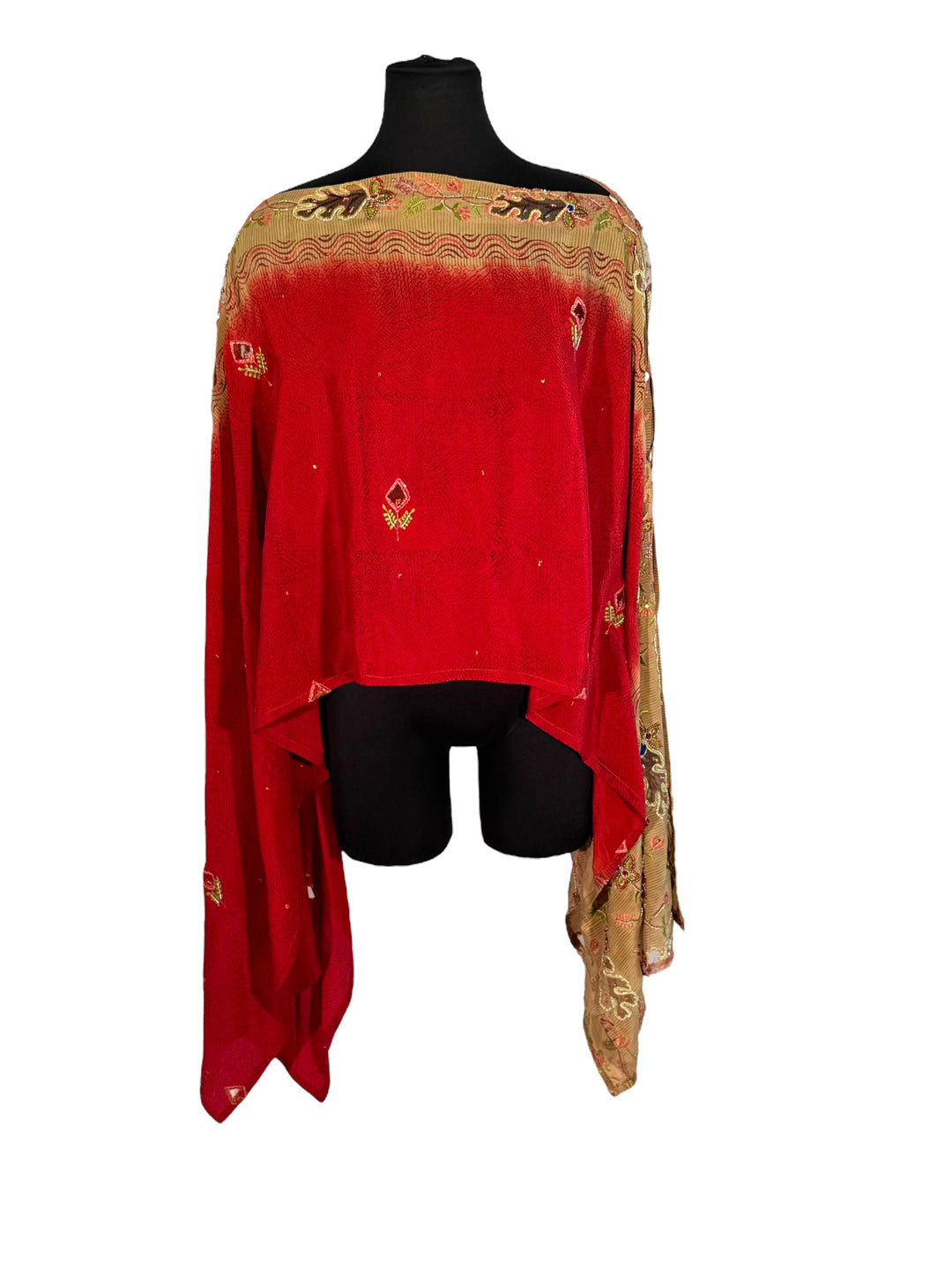 Sodeways view of vintage silk Willow Wrap in red and tan with cut out and extravagant embroidery
