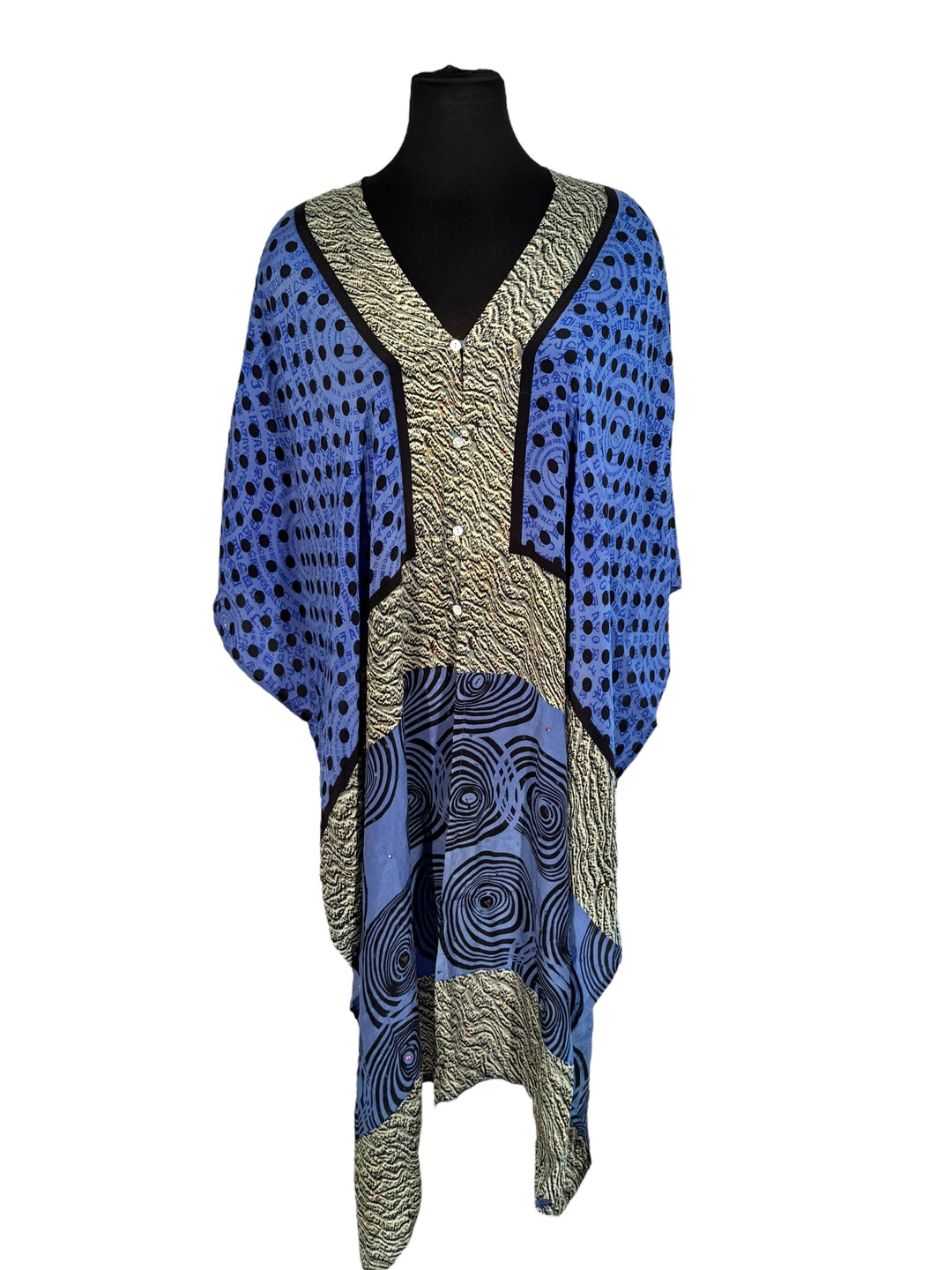 Front view of vintage silk Willow Wrap in Blue, Black and Cream graphic patter with small sequins