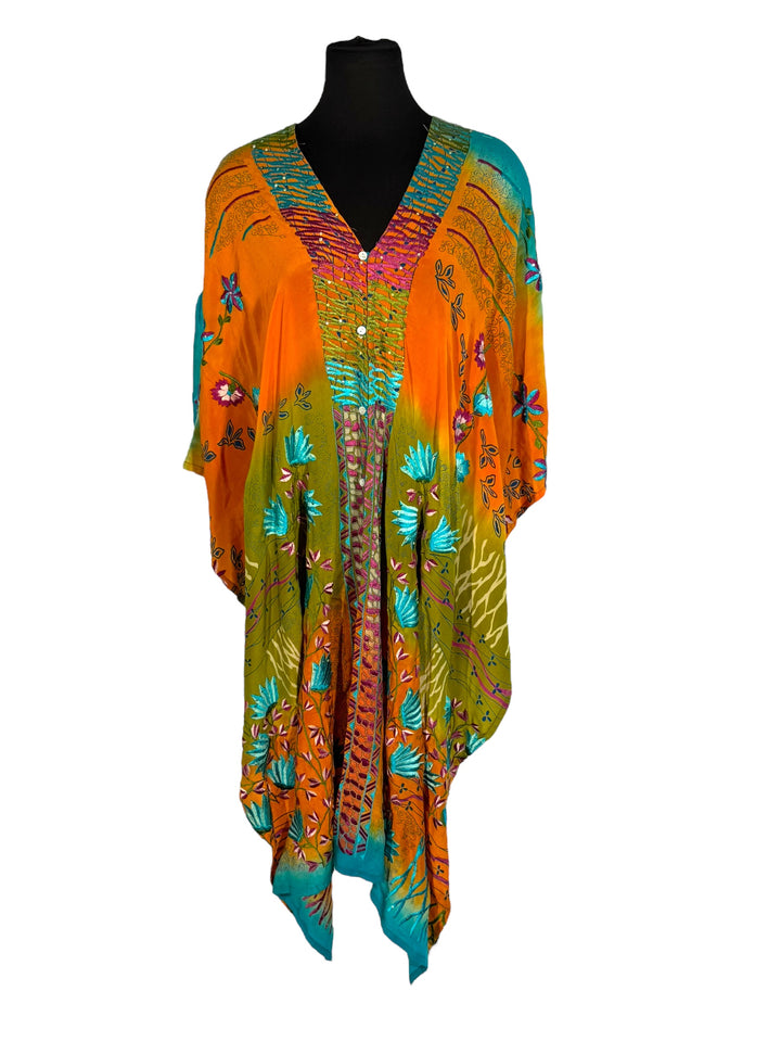 Front view of vintage silk Willow Wrap in Orange and Blue, Black  with extensive floral embroidery 
