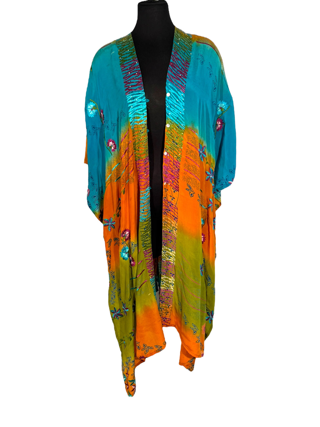 Front view of vintage silk Willow Wrap in Orange and Blue, Black  with extensive floral embroidery 