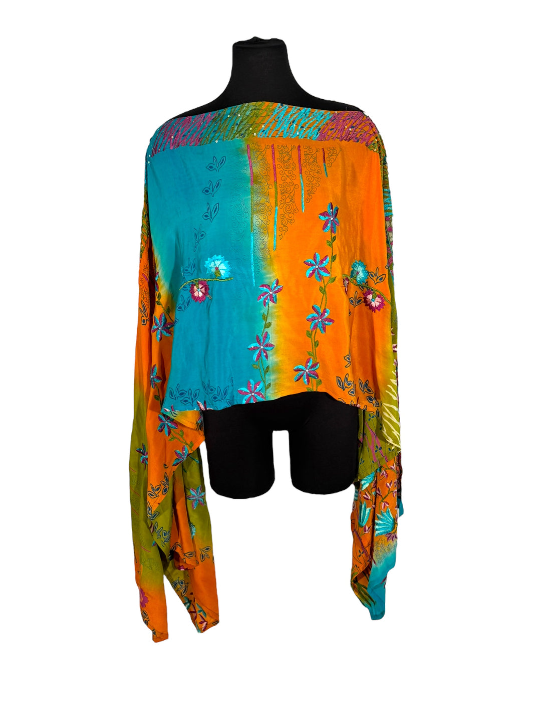 Sideways view of vintage silk Willow Wrap in Orange and Blue, Black  with extensive floral embroidery 