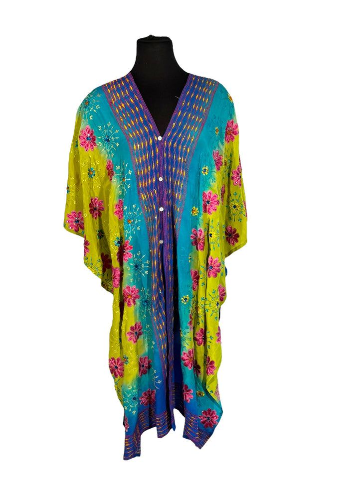 Front view of vintage silk Willow Wrap in Blue and yellow  with extensive floral embroidery 