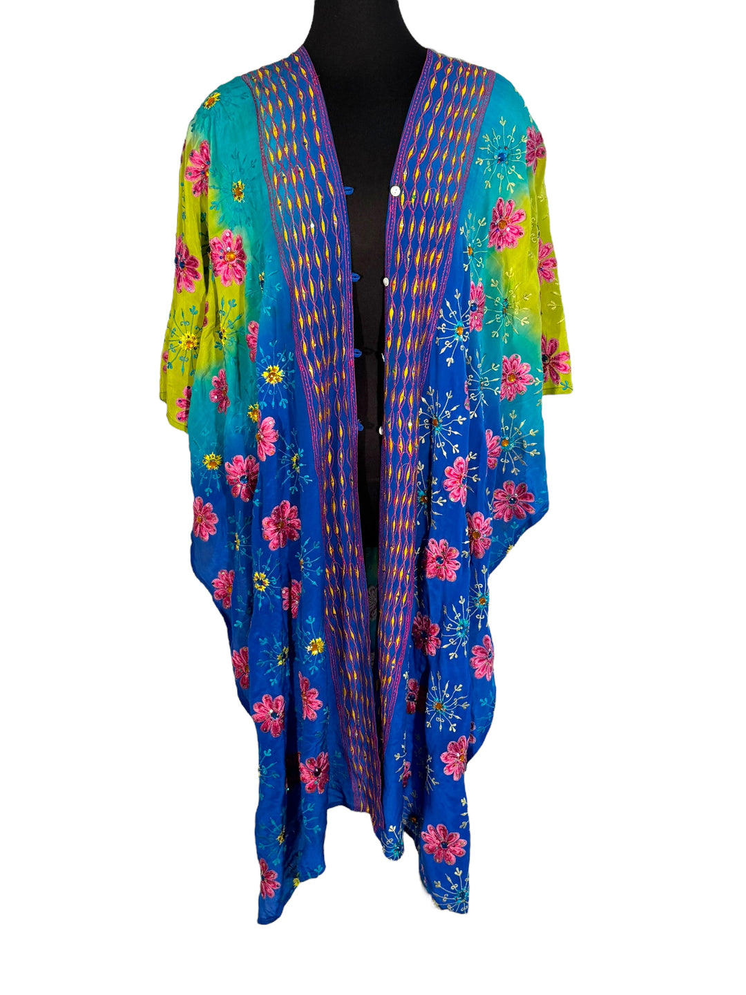 Front view of vintage silk Willow Wrap in Blue and yellow  with extensive floral embroidery