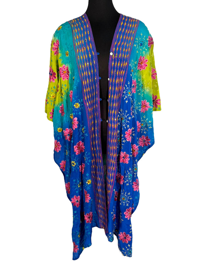 Front view of vintage silk Willow Wrap in Blue and yellow  with extensive floral embroidery