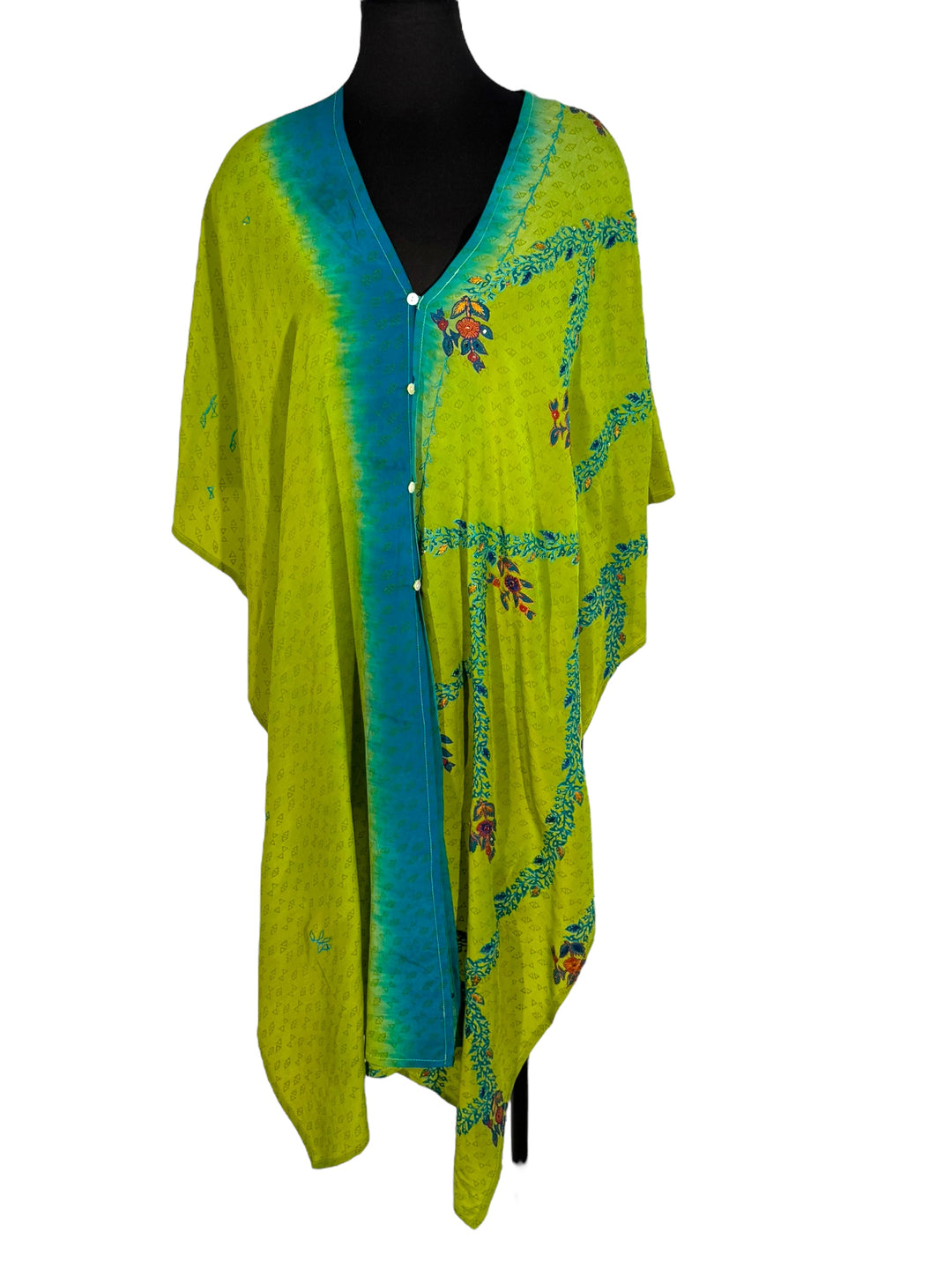 Front view of vintage silk Willow Wrap in green and blue  with extensive floral embroidery