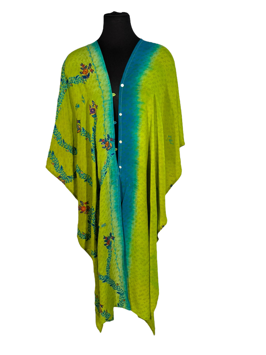 Front view of vintage silk Willow Wrap in green and blue  with extensive floral embroidery