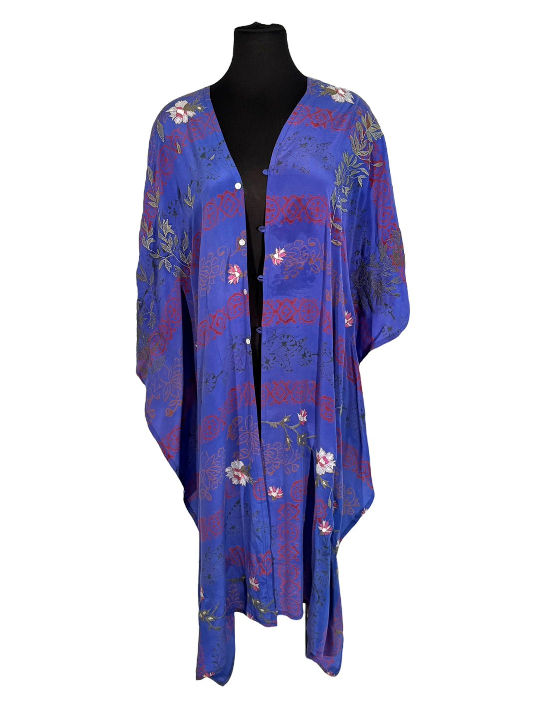 Front view of vintage silk Willow Wrap in rich blue with red and embroidered flowers