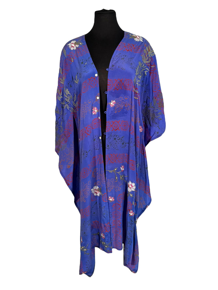 Front view of vintage silk Willow Wrap in rich blue with red and embroidered flowers