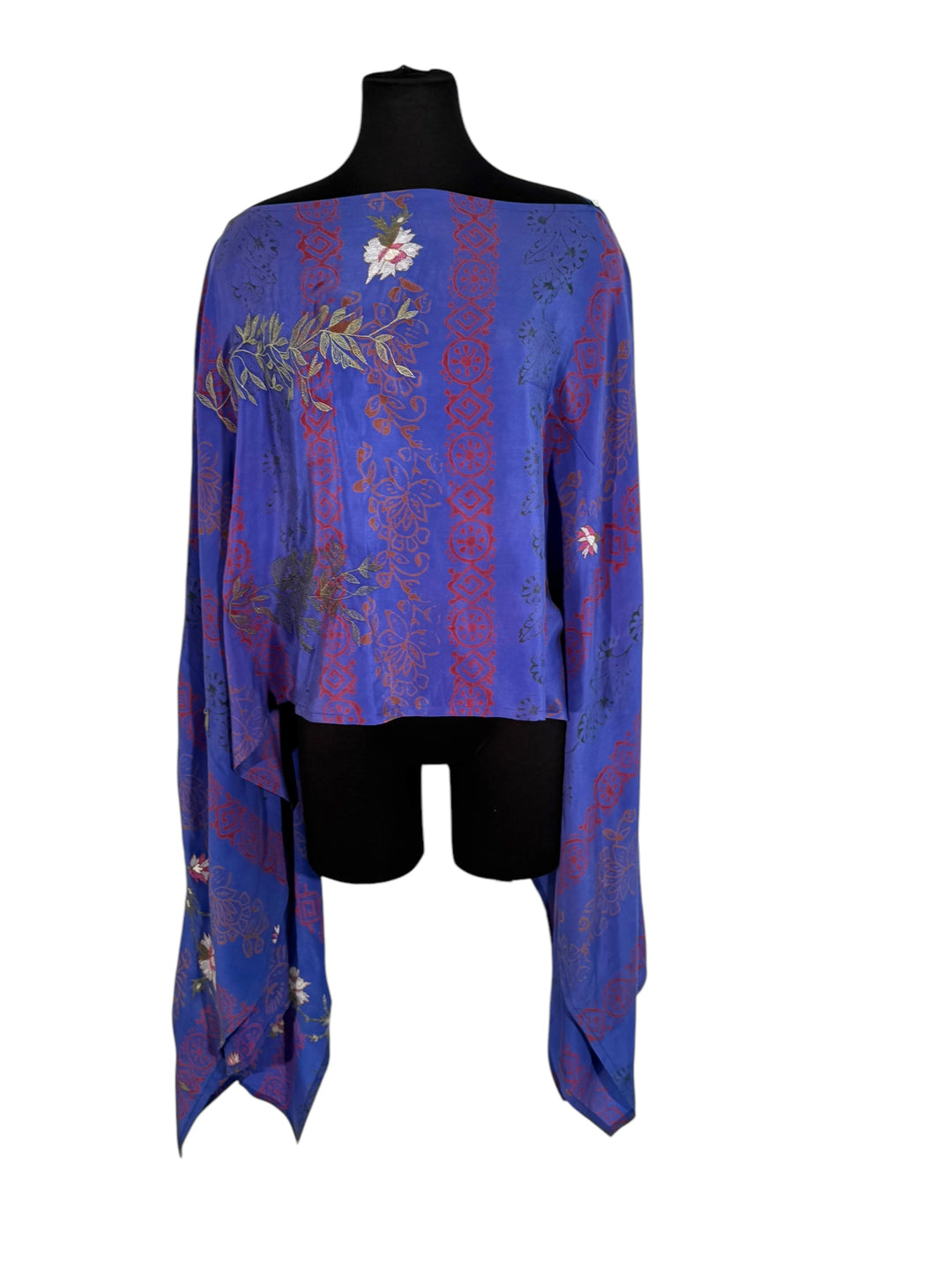 Sideways view of vintage silk Willow Wrap in rich blue with red and embroidered flowers
