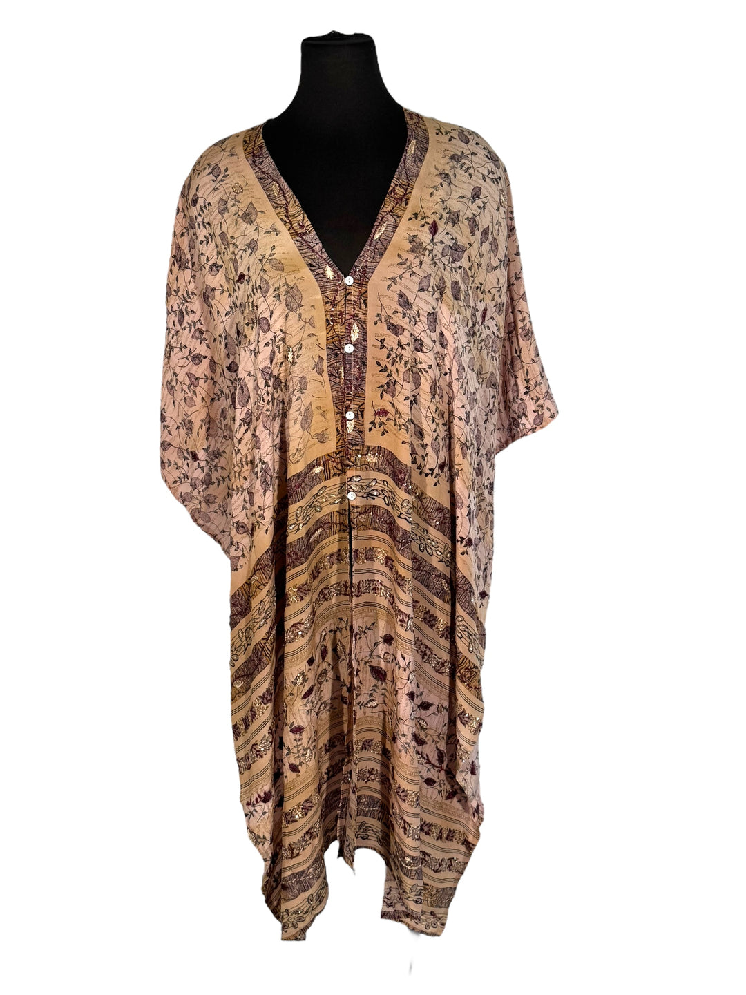 Front view of vintage silk Willow Wrap in pale pink with floral print and sequins