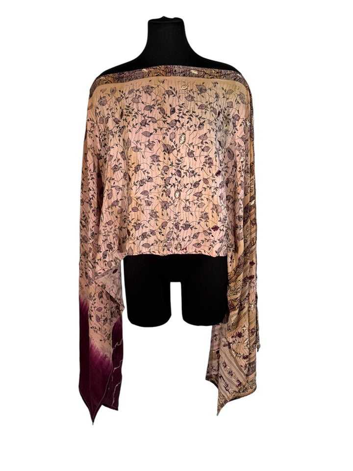 Sideways view of vintage silk Willow Wrap in pale pink with floral print and sequins