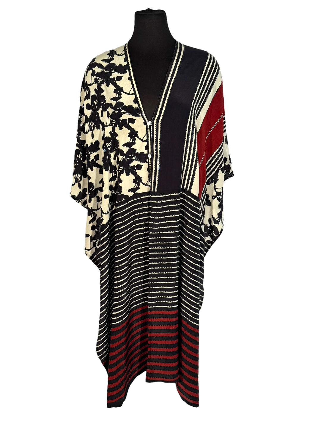 Front view of vintage silk Willow Wrap in Black, cream and red with floral and stripe print and black sequins