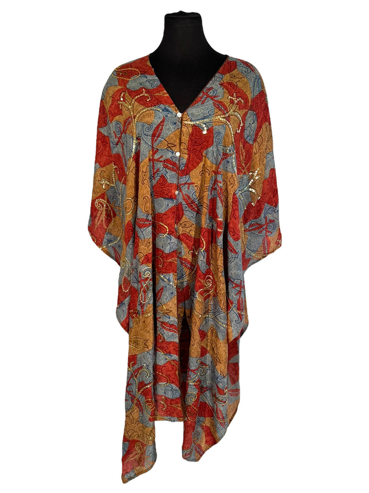 Front view of vintage silk Willow Wrap in red, gold and gray with large paisley print and gold sequins