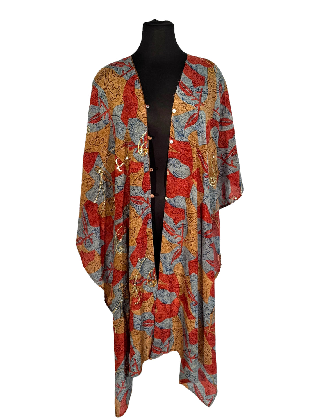 Front view of vintage silk Willow Wrap in red, gold and gray with large paisley print and gold sequins