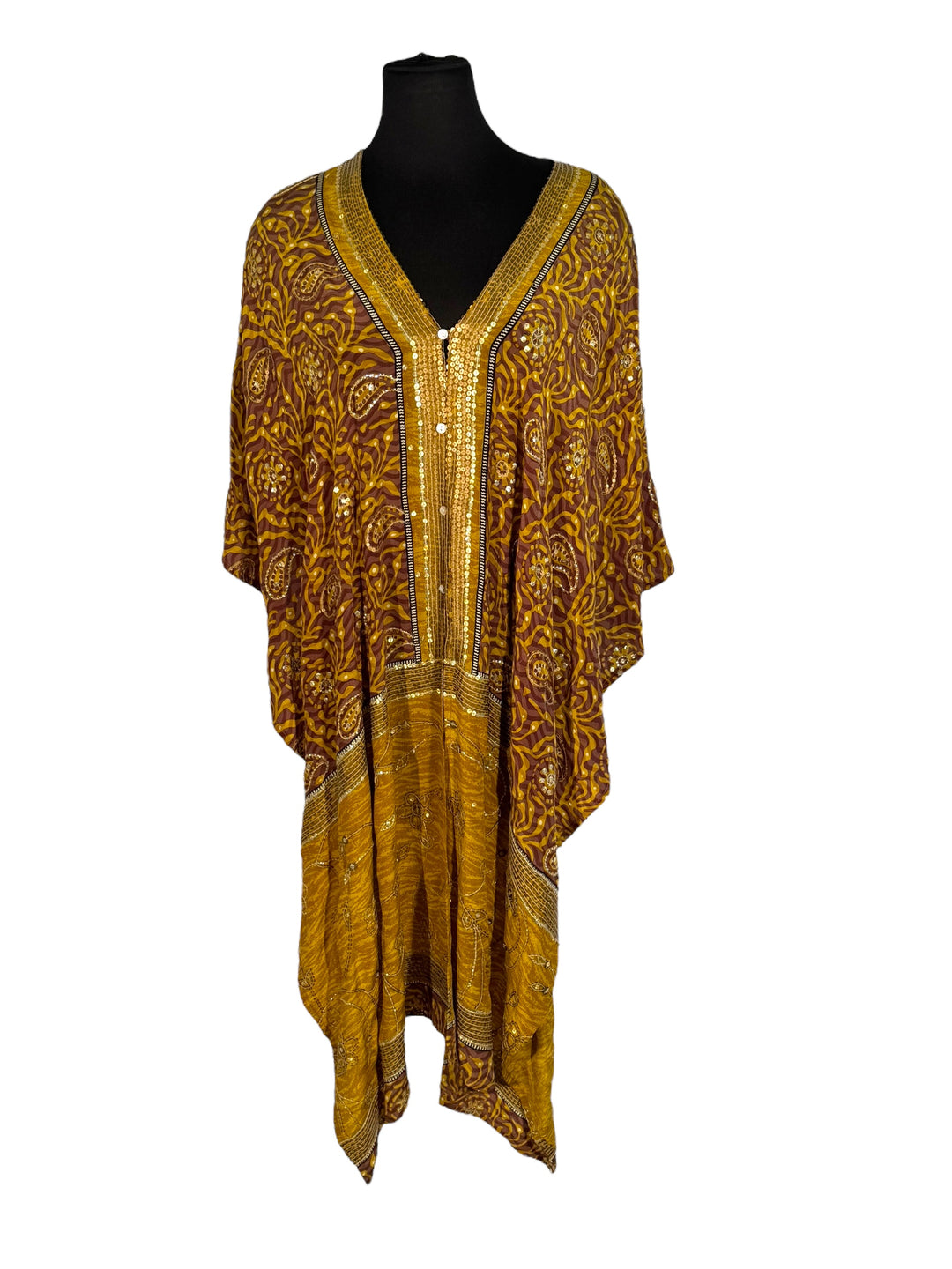 Front view of vintage silk Willow Wrap in gold vine and paisley print with emboidery and sequins
