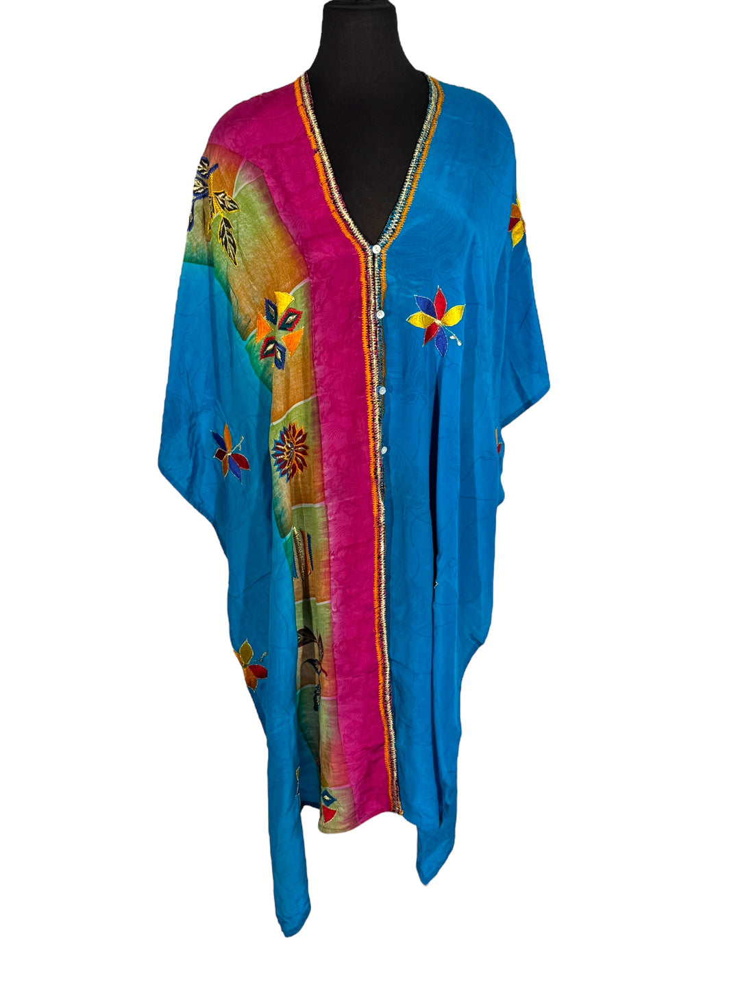 Front view of vintage silk Willow Wrap in blue and pink with  colorful floral emboidery 