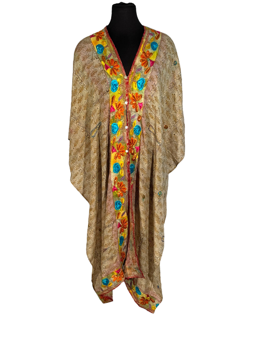 Front view of vintage silk Willow Wrap in tan print and intricate floral emboidered border