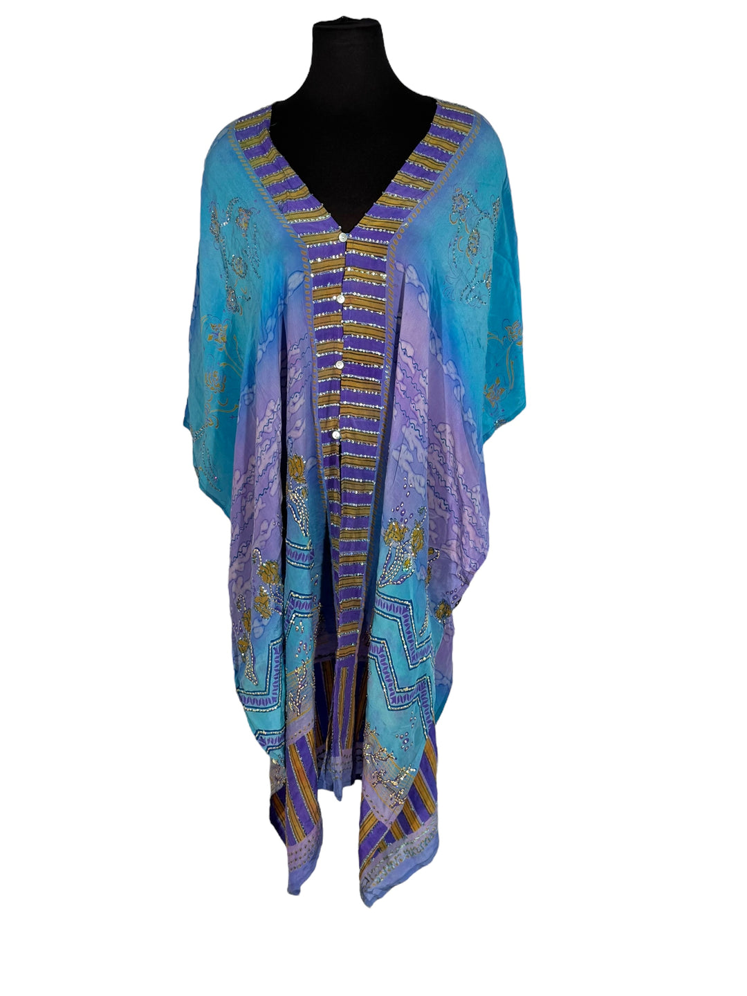 Front view of vintage silk Willow Wrap in blue and lavender with gold sttipes and clouds and sequins