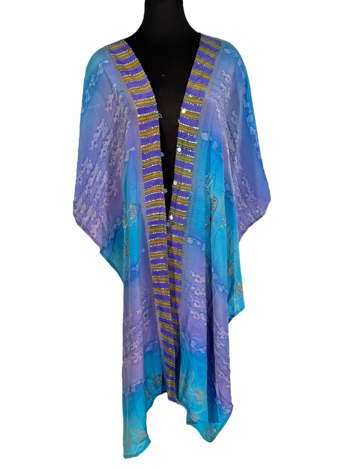 Back view of vintage silk Willow Wrap in blue and lavender with gold sttipes and clouds and sequins