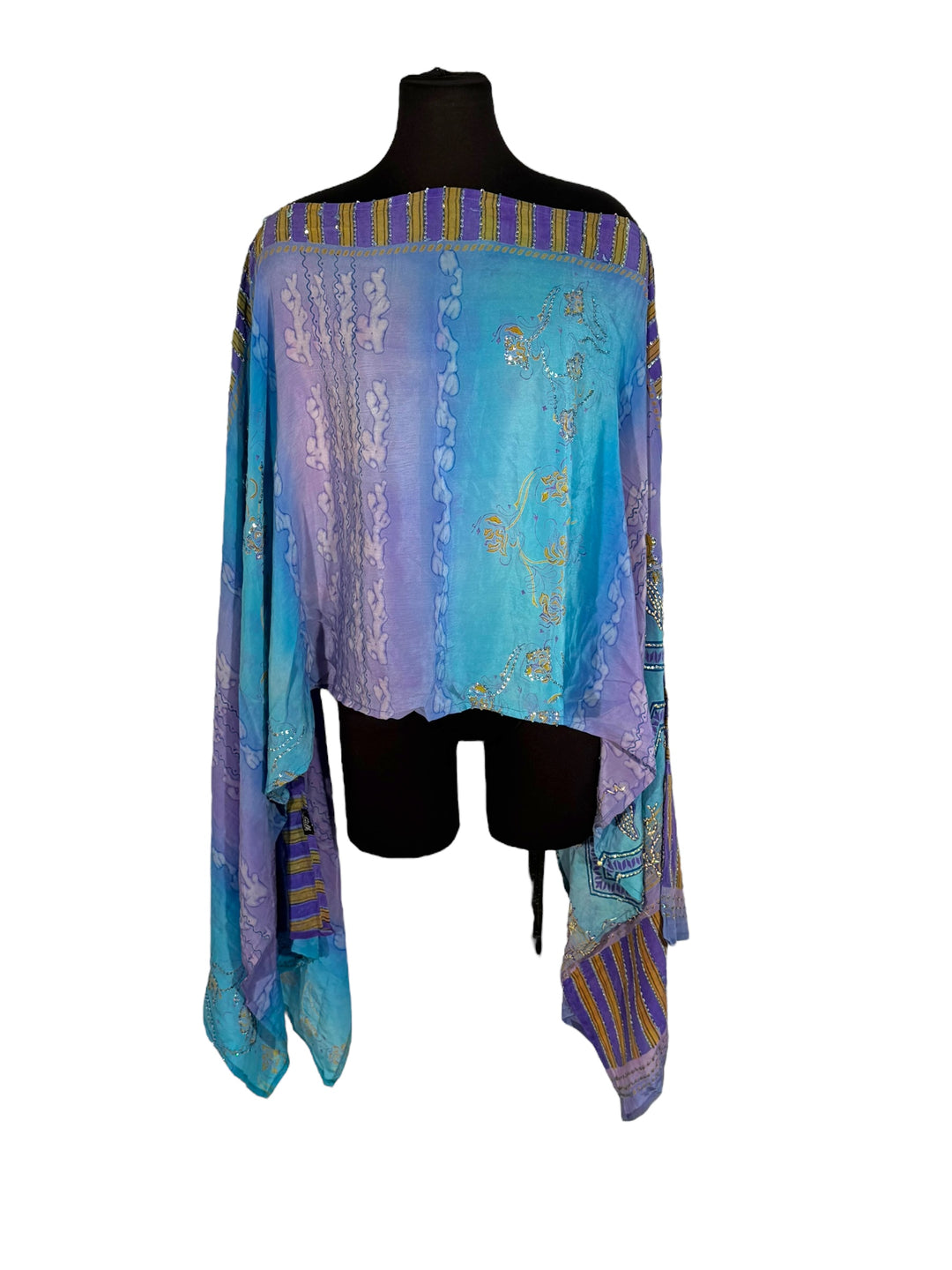 Sideways view of vintage silk Willow Wrap in blue and lavender with gold sttipes and clouds and sequins