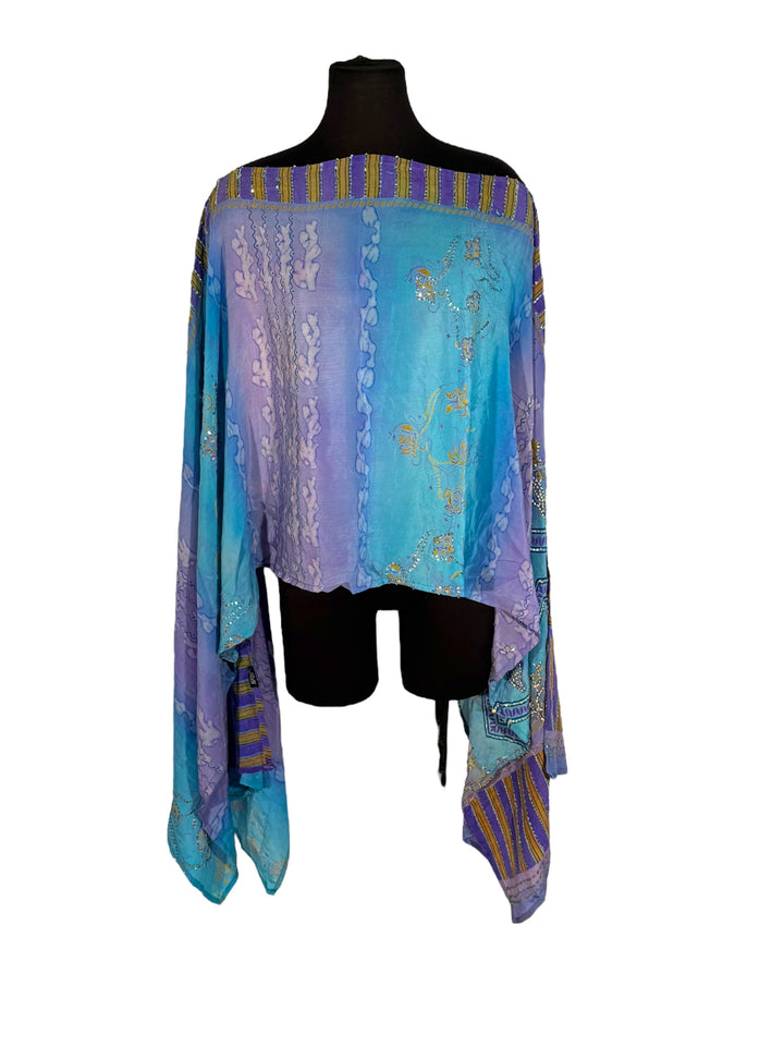 Sideways view of vintage silk Willow Wrap in blue and lavender with gold sttipes and clouds and sequins