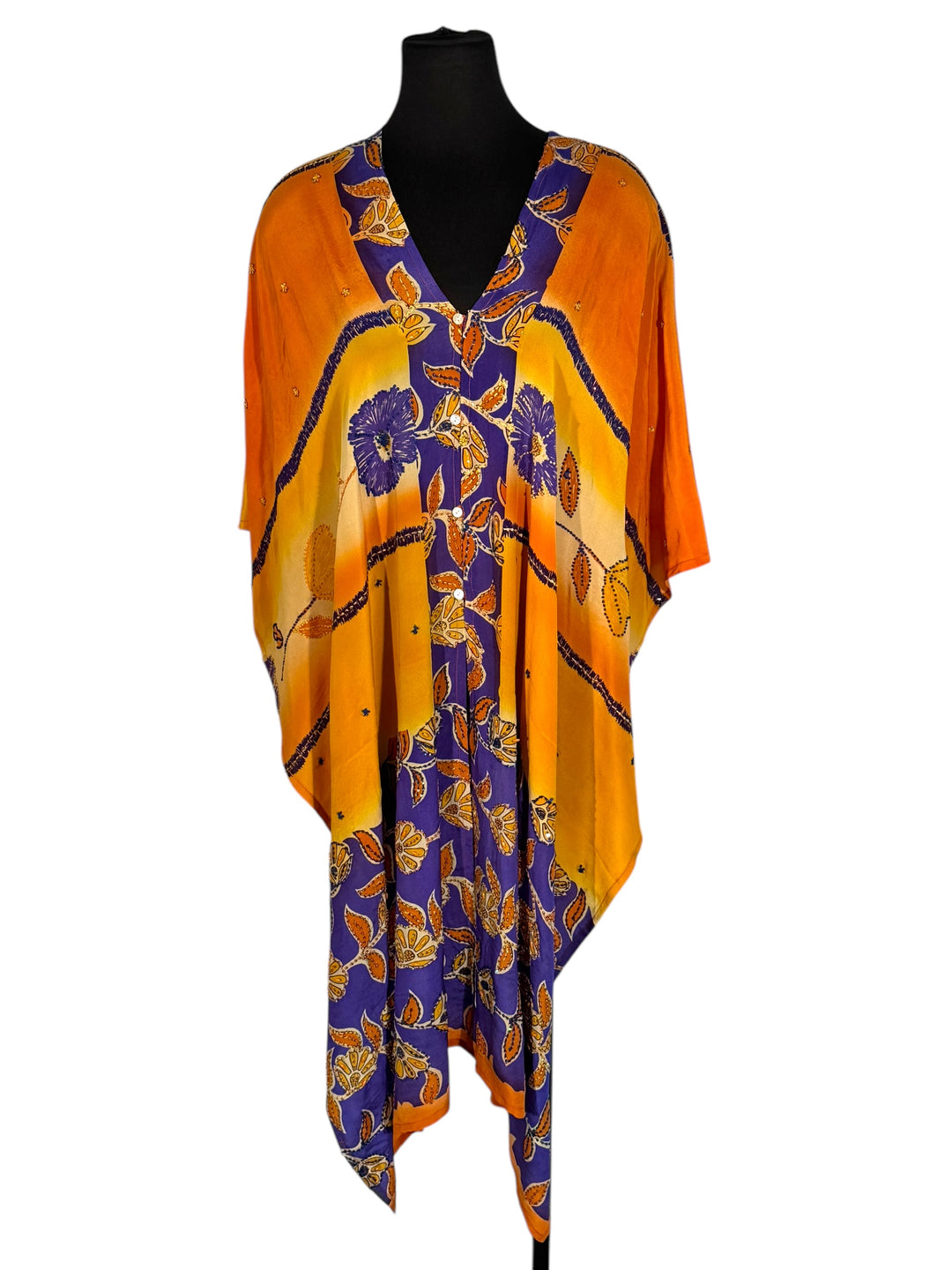 Front view of vintage silk Willow Wrap in orange and blue big floral print with sequins